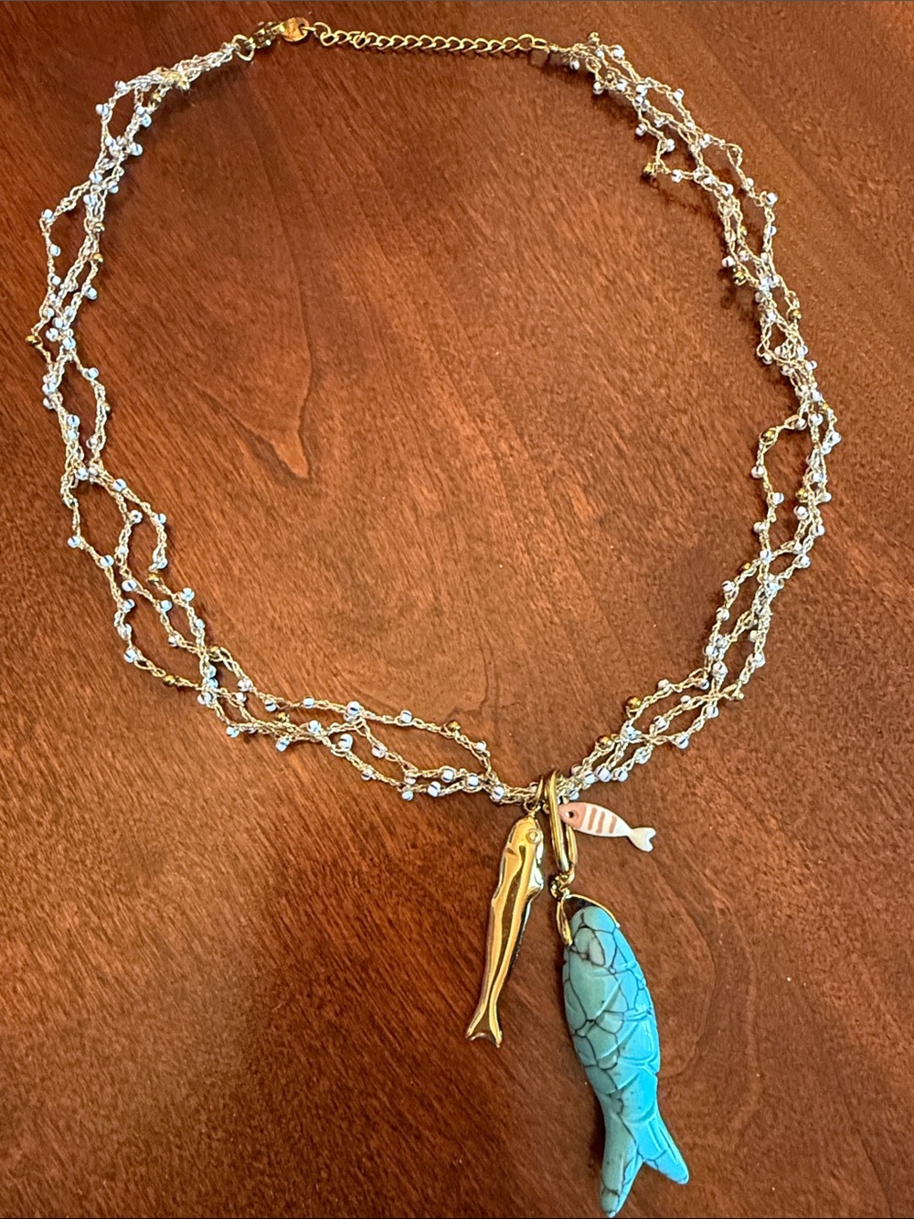 Gold Multi-Strand Necklace with Turquoise Fish Pendant & 2 Fish Charms